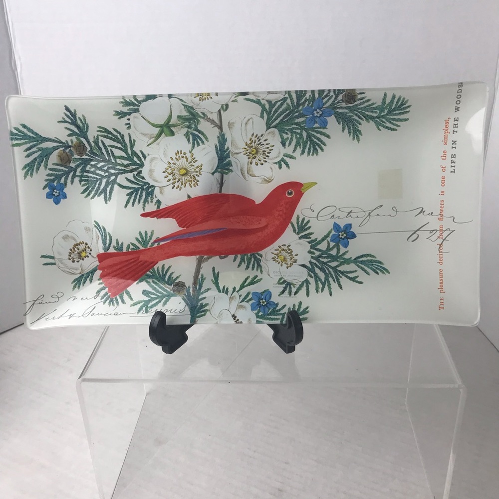 NWT - FRINGE STUDIO Red Bird Rectangle Glass Tray Trinket Dish